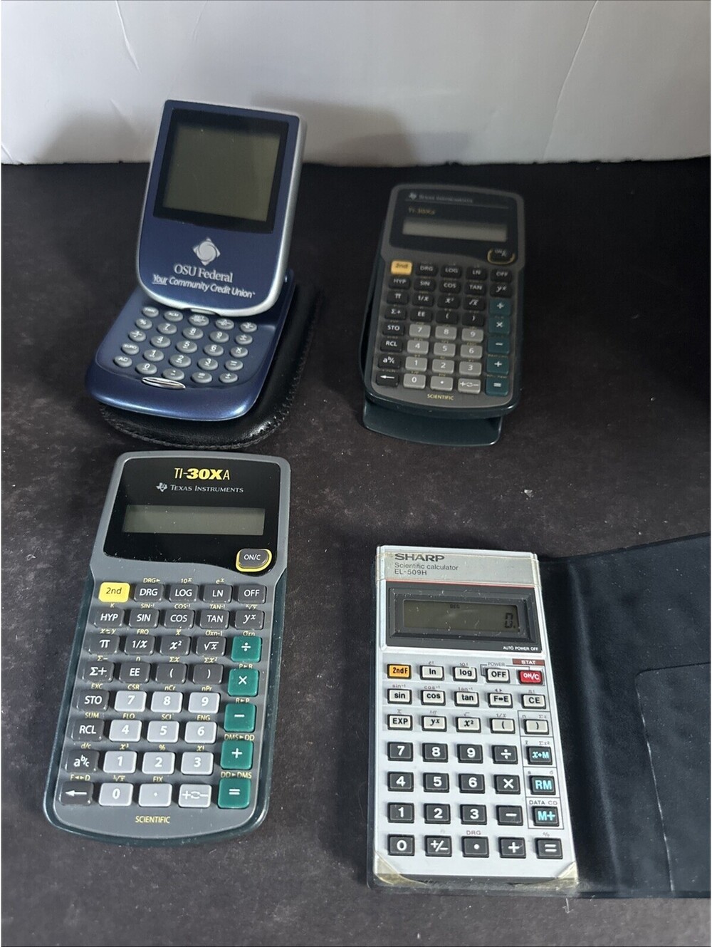 4 Vintage Calculator Lot Texas Instruments TI-30Xa Sharp EL-509H OSU Federal